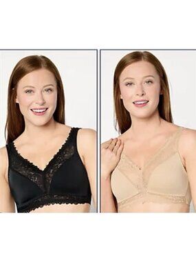 Breezies Lace Trim Comfort Bra Lot of 2 Medium Black Beige Wireless A6344606R